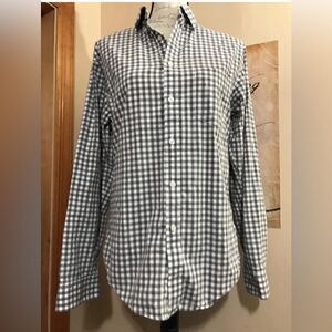 Merona Women's Gray White Checkered Plaid Button Down Long Slv Top Shirt - Sz S